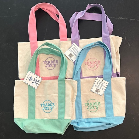 Trader Joe’s Canvas Mini Tote Bag Set - Pink, Purple, Green, Blue - Picture 1 of 1